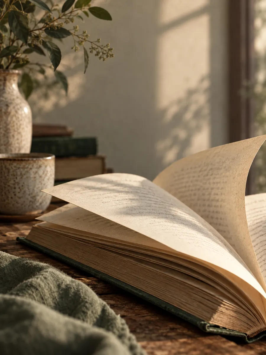 An open book on a wooden table
