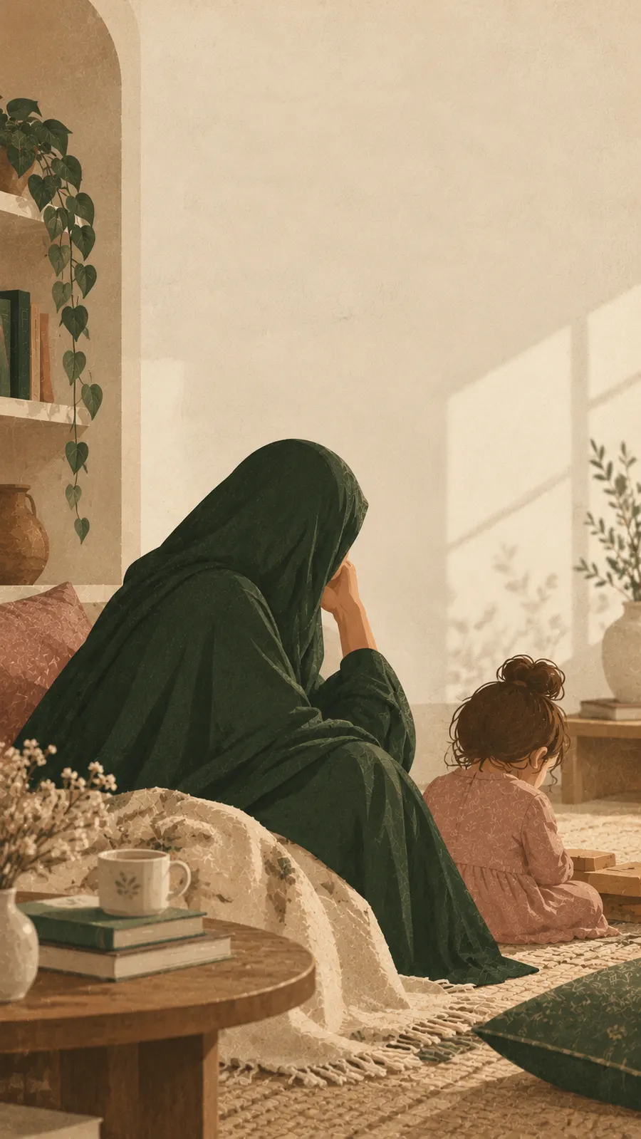 A mother resting her chin on her hand, watching her daughter play on the floor