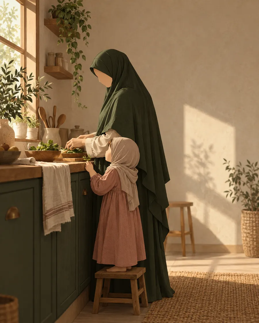 A mother cooking in the kitchen while her daughter stands on a stool beside her