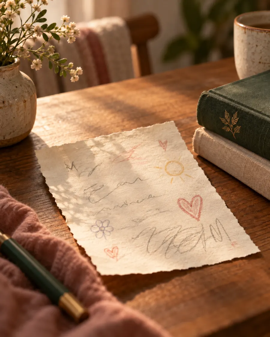 A child's handwritten letter with hearts and drawings on a wooden table