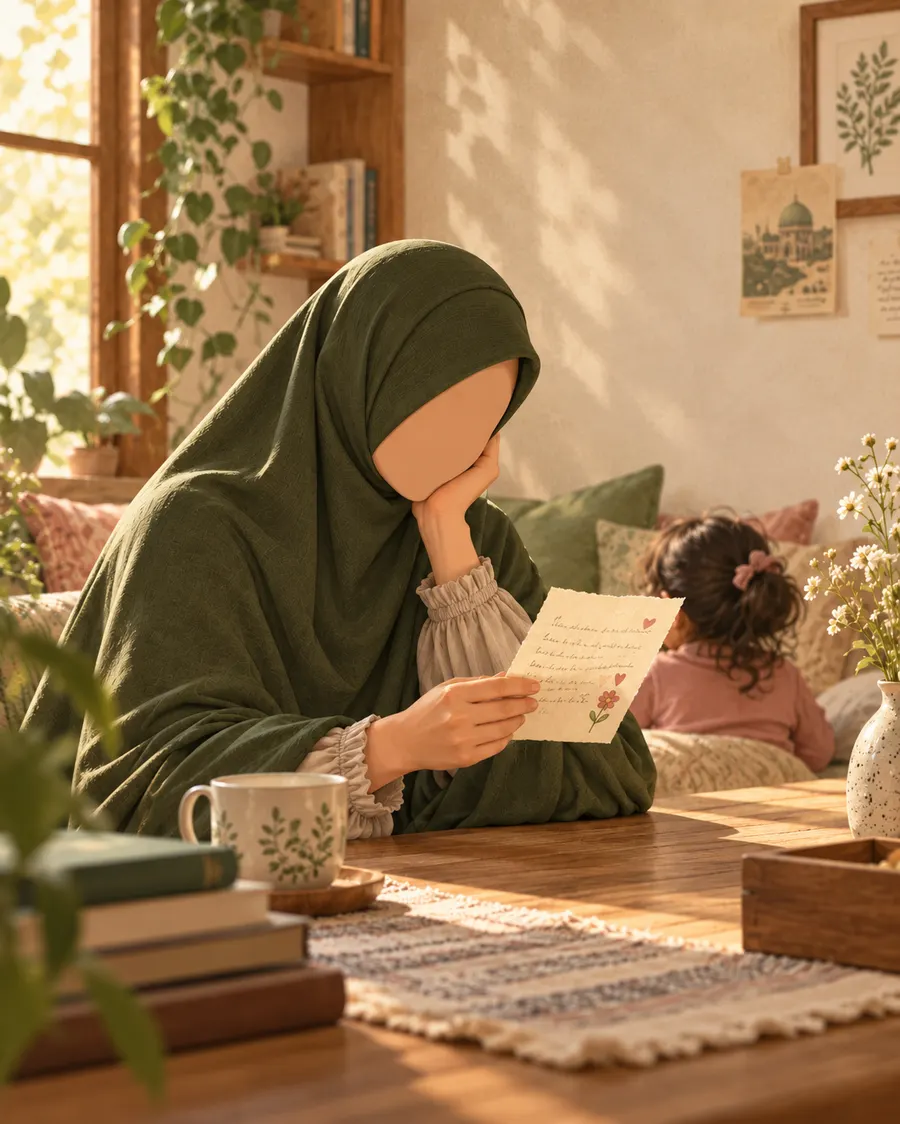 A mother reading a handwritten note from her daughter on the sofa