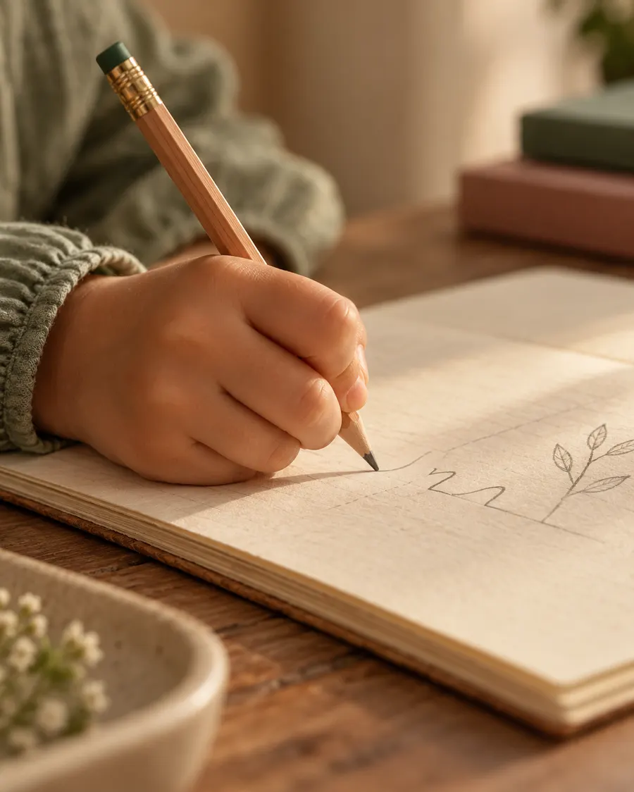 A hand writing with a pencil in a notebook