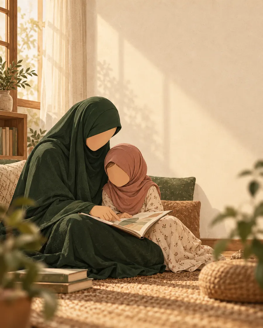 A mother and daughter reading a book together on the floor