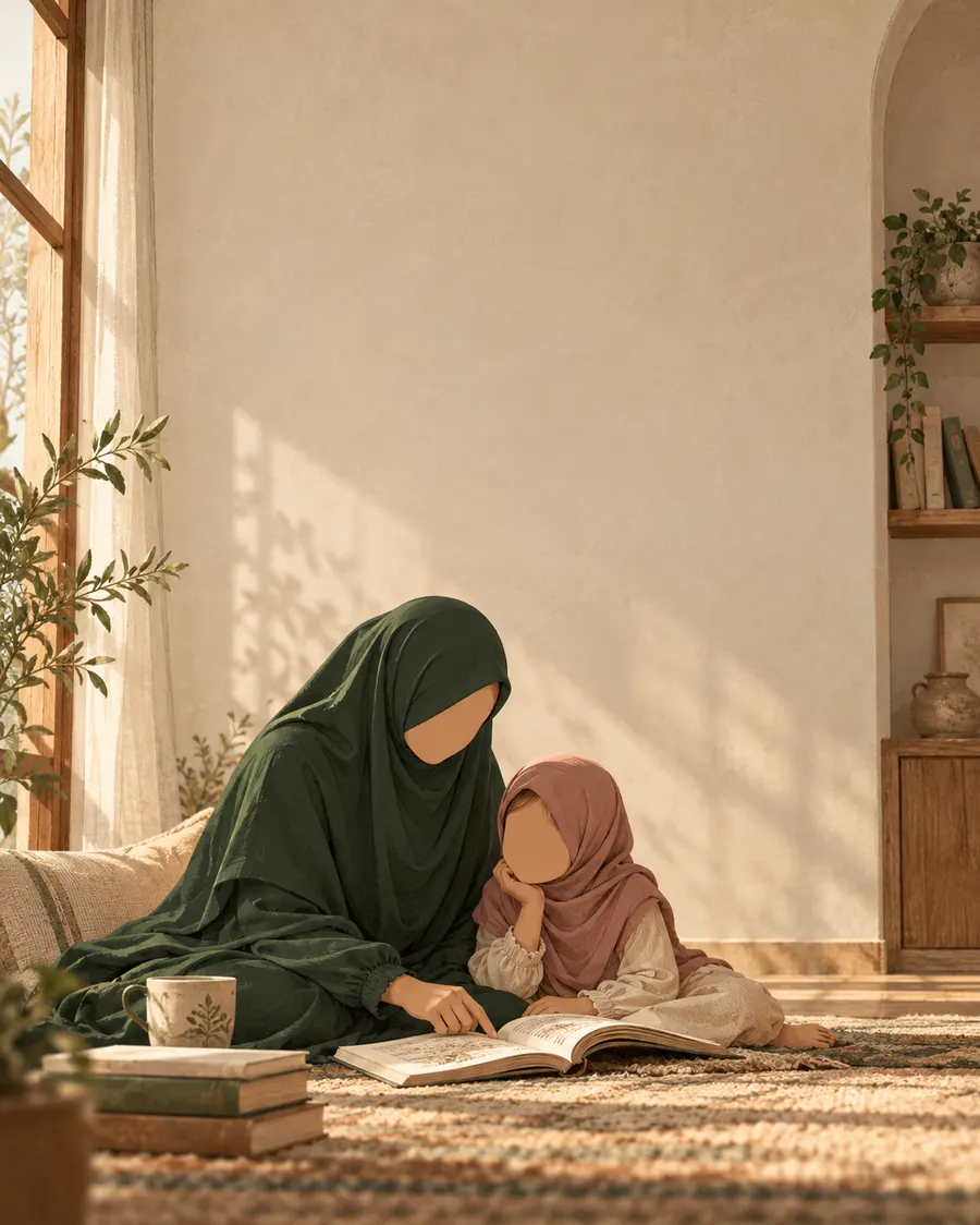 Placeholder illustration of Filzah reading with her daughter
